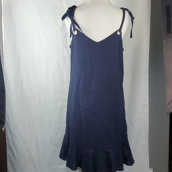 GIANNI BINI NAVY GROMMET FLOUNCE HEMLINE LINEN BLEND DRESS SIZE LARGE - Picture 6 of 10